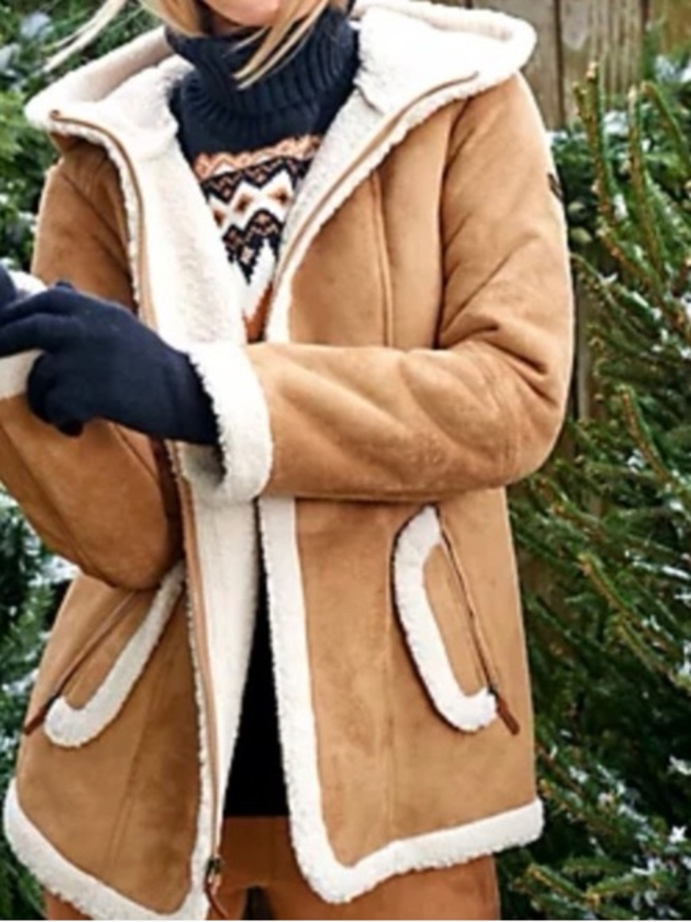 Koolaburra by UGG Faux Suede Sherpa Trim Hooded Jacket Coat Tan Camel Women's XL